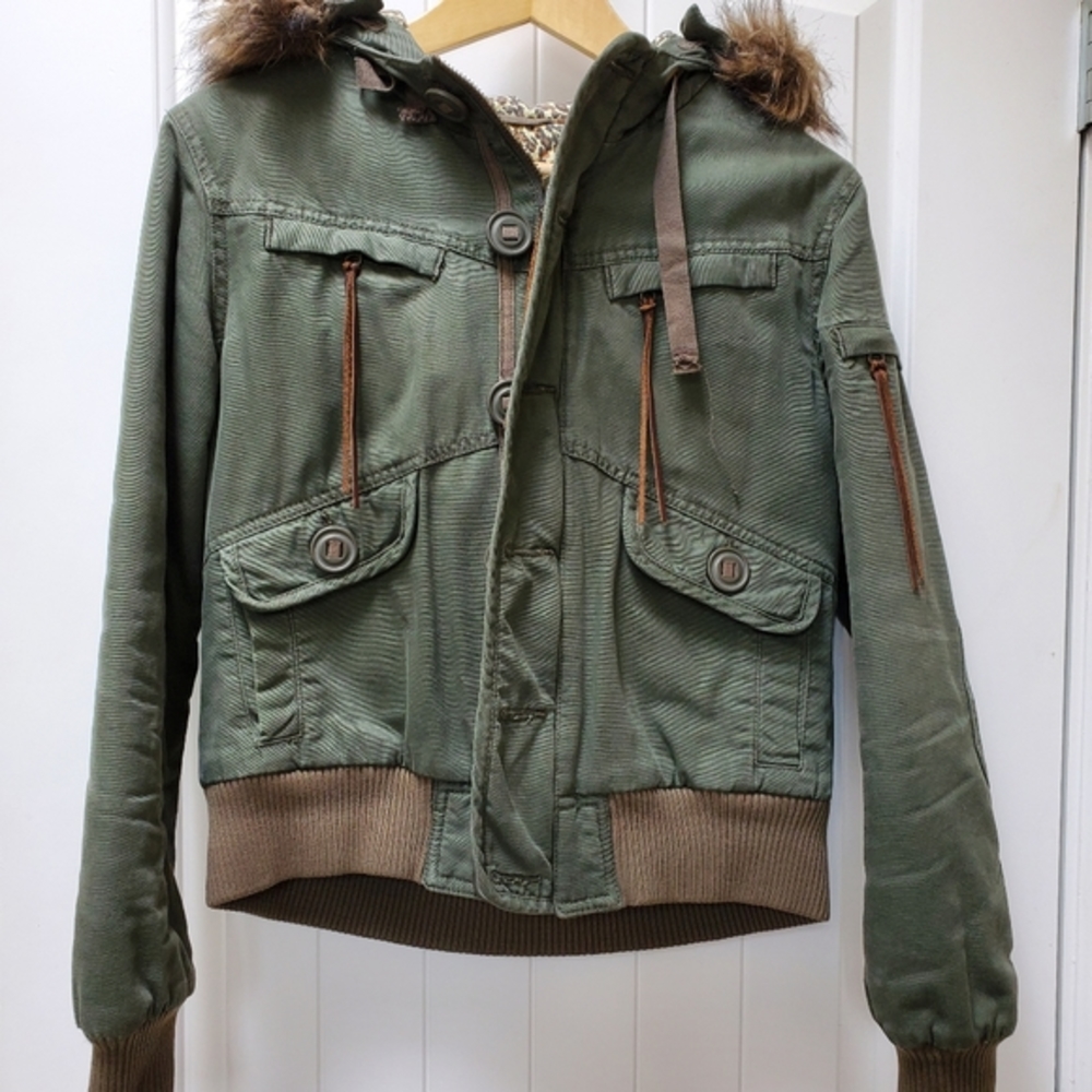 Y2K Talula Olive Green Hooded Bomber Jacket with Fur Trim